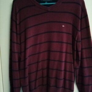 Men's Tommy Hilfiger V Neck Sweater Maroon/Black Stripes Size Medium